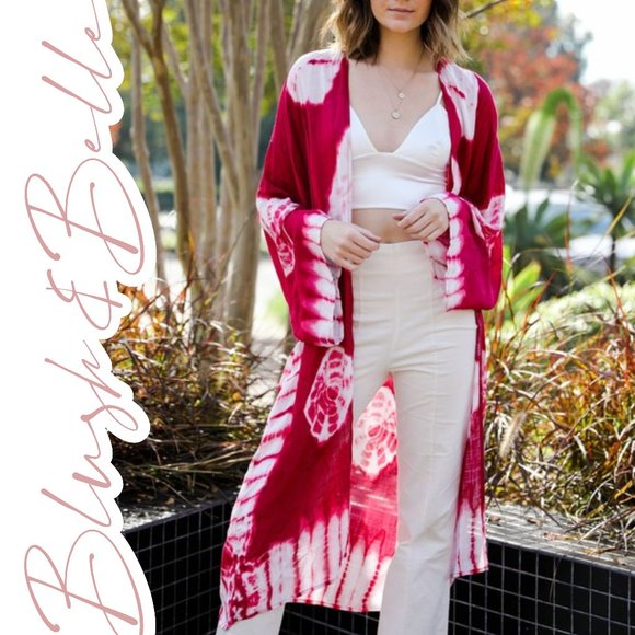 Blush & Belle Tops - JANIS Tie-Dye Longline Kimono w/Full Sleeves Berry